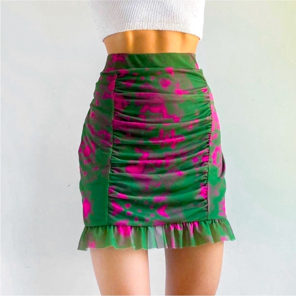 Free People Green Pink Mesh Ruched  Skirt with Ruffles Size XSMALL
